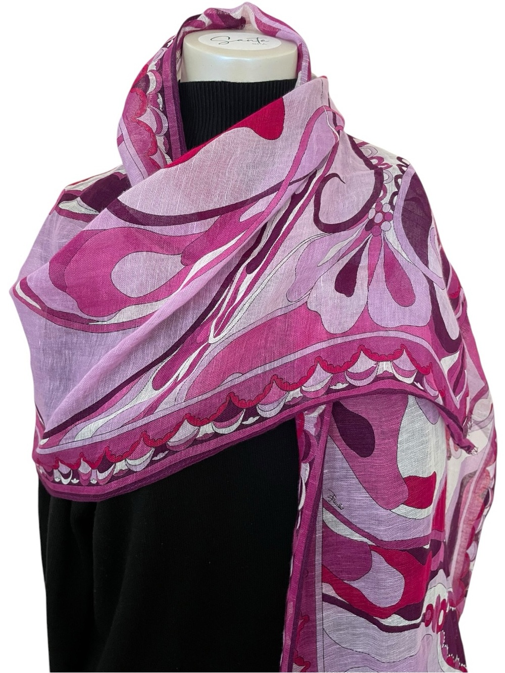 Emilio Pucci Vintage Floral Geometric Linen Blend Scarf Stole 16"x 66"